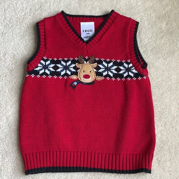 Izod Christmas Reindeer Snowflake Outfit Sweater Vest Shirt Pants Size 24 months - Picture 2 of 16